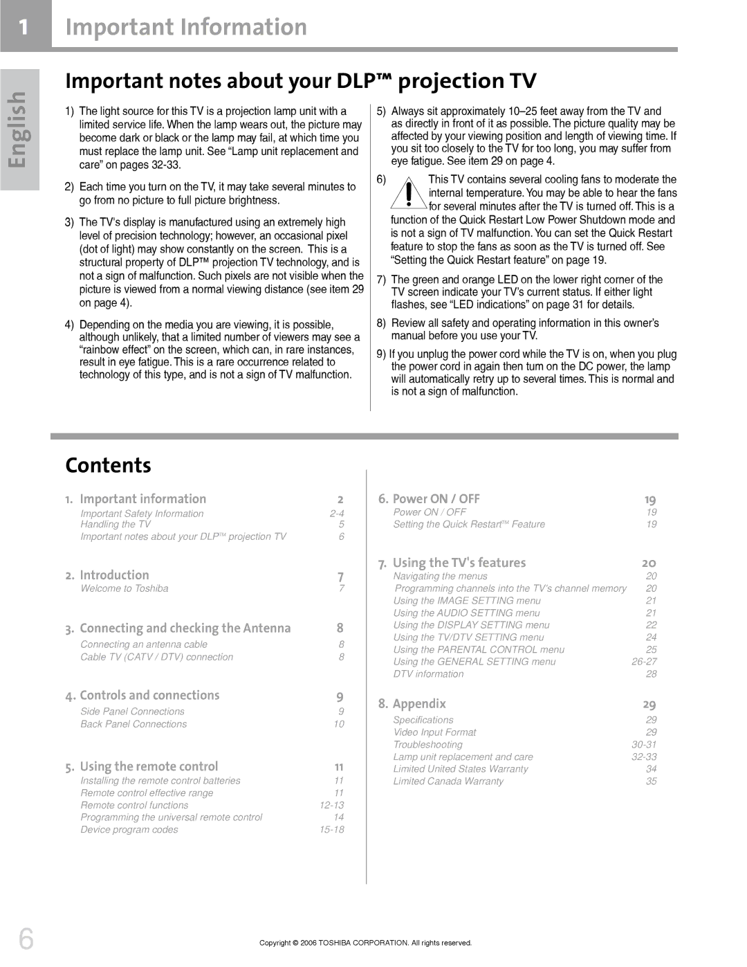 Toshiba 42HM66 manual Important notes about your DLP projection TV, Contents 