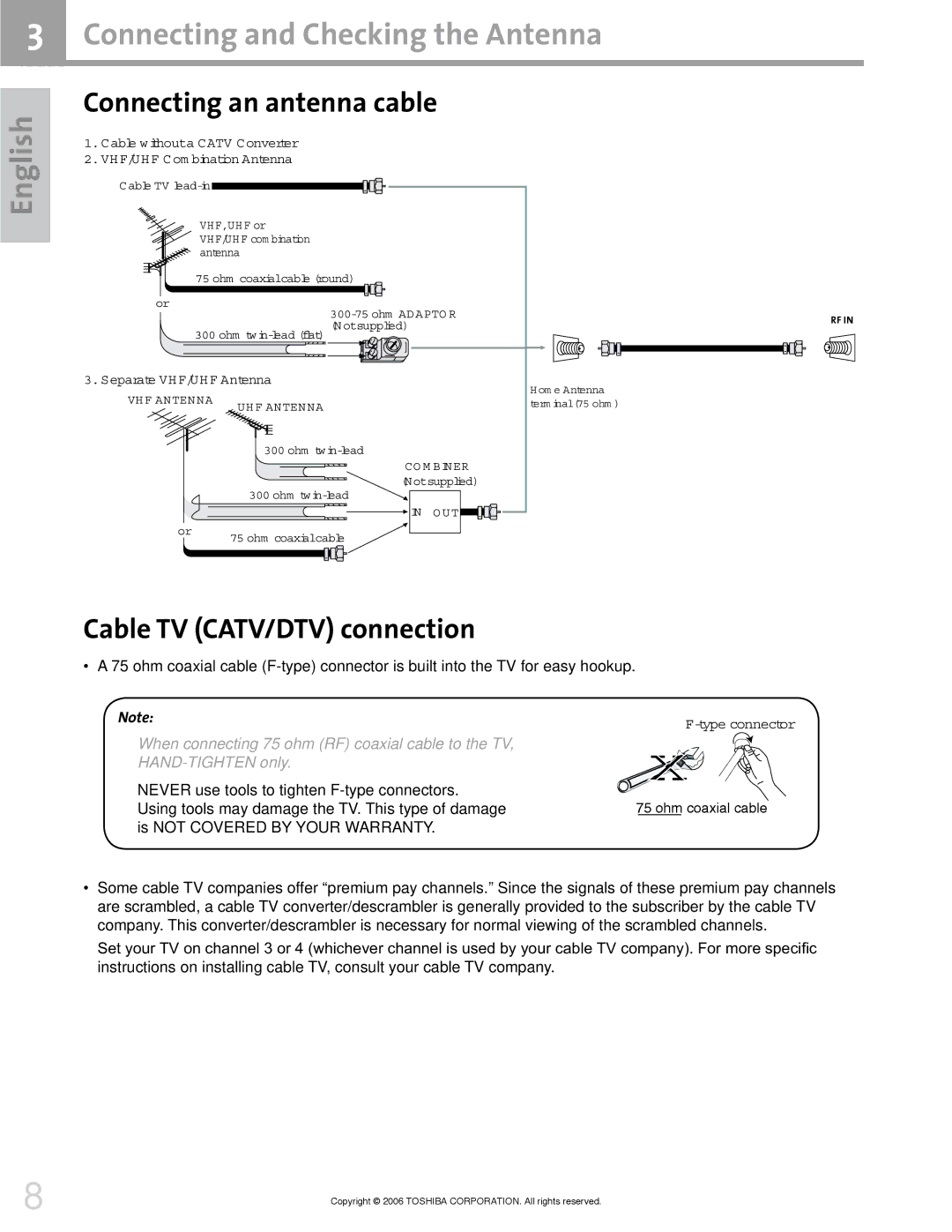 Toshiba 42HM66 manual Connecting and Checking the Antenna, Connecting an antenna cable, Cable TV CATV/DTV connection 