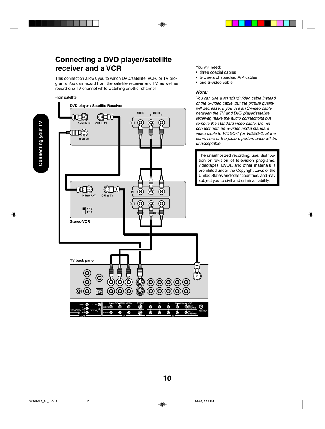 Toshiba 42HP66, 50HP66 appendix Connecting a DVD player/satellite receiver and a VCR, Connectingyour 