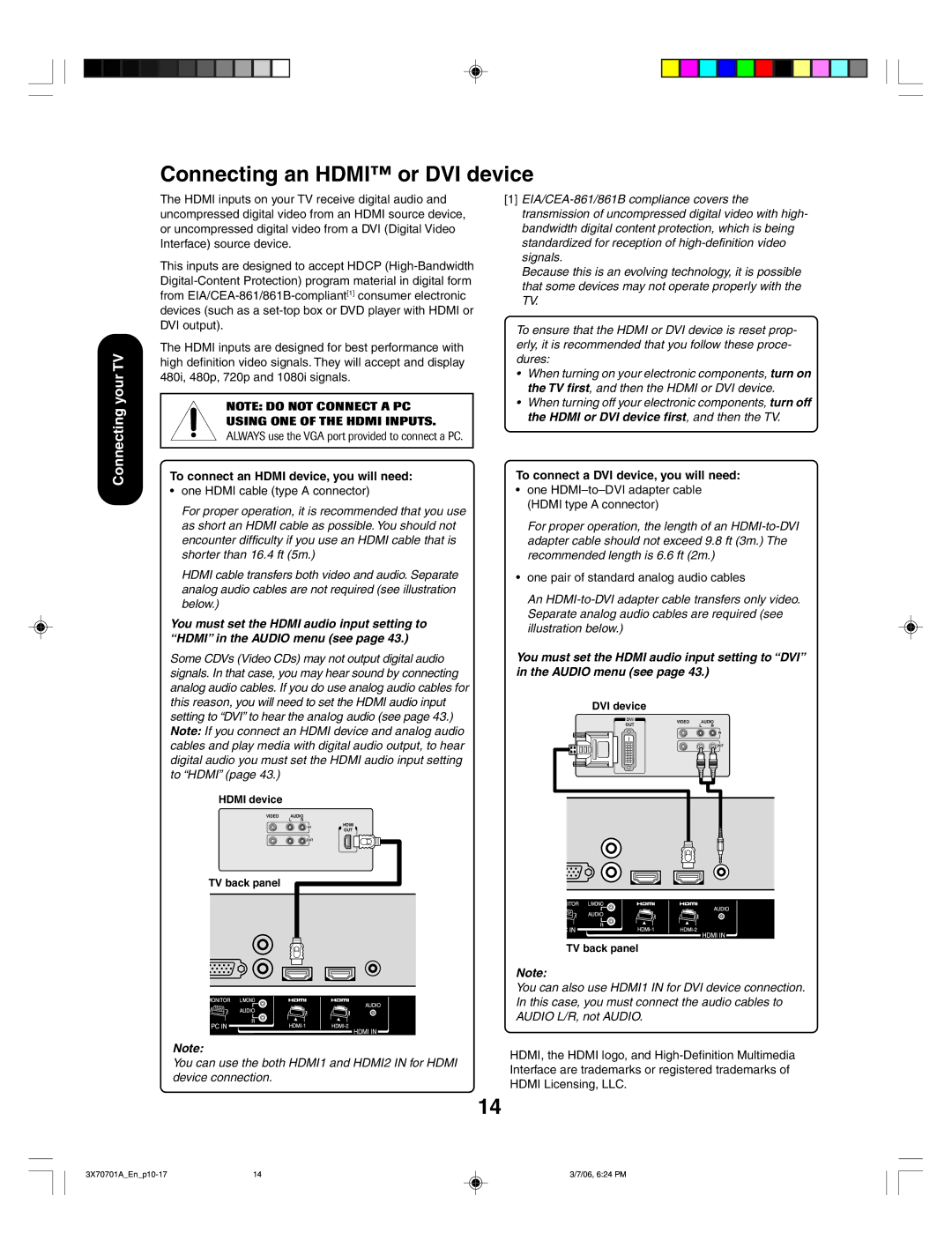 Toshiba 42HP66, 50HP66 appendix Connecting an Hdmi or DVI device, To connect an Hdmi device, you will need 