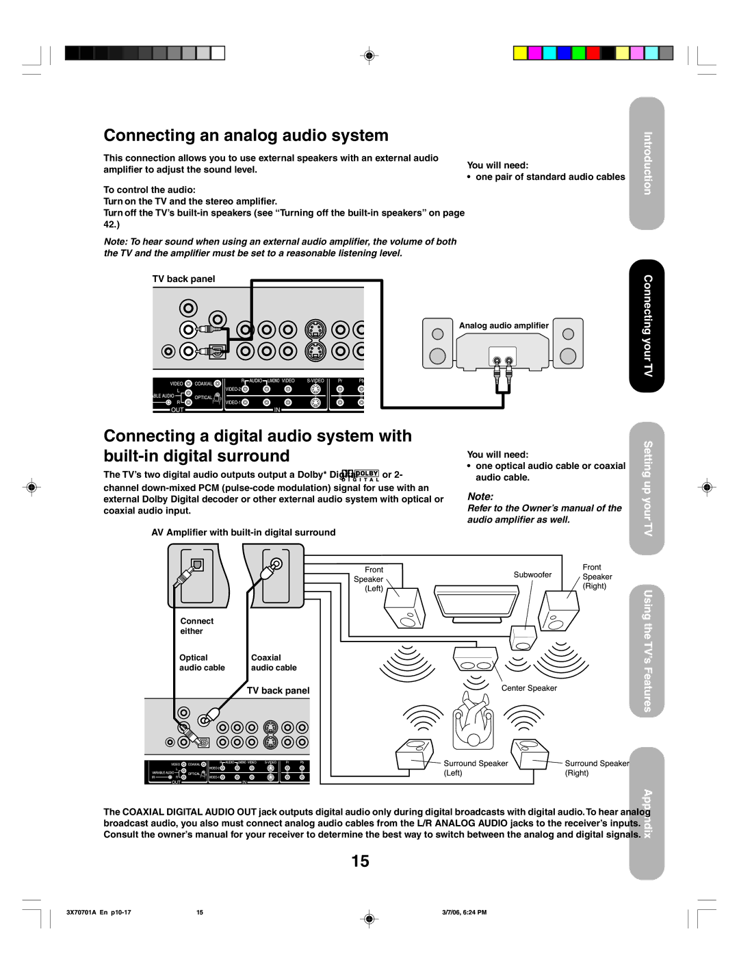 Toshiba 50HP66, 42HP66 appendix Connecting an analog audio system, To control the audio, TV back panel 