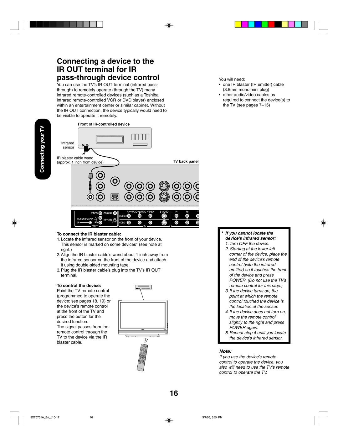 Toshiba 42HP66, 50HP66 appendix YourTV, To connect the IR blaster cable 