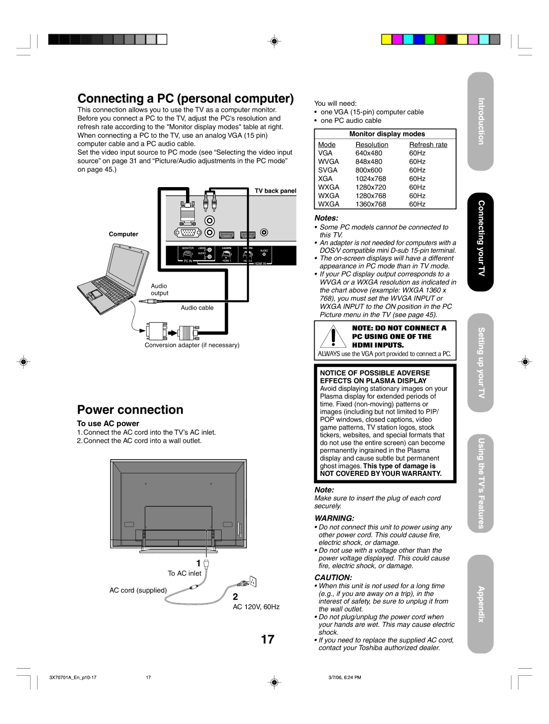 Toshiba 50HP66 Connecting a PC personal computer, Power connection, Setting up, Your TV Using the TV’s Features Appendix 