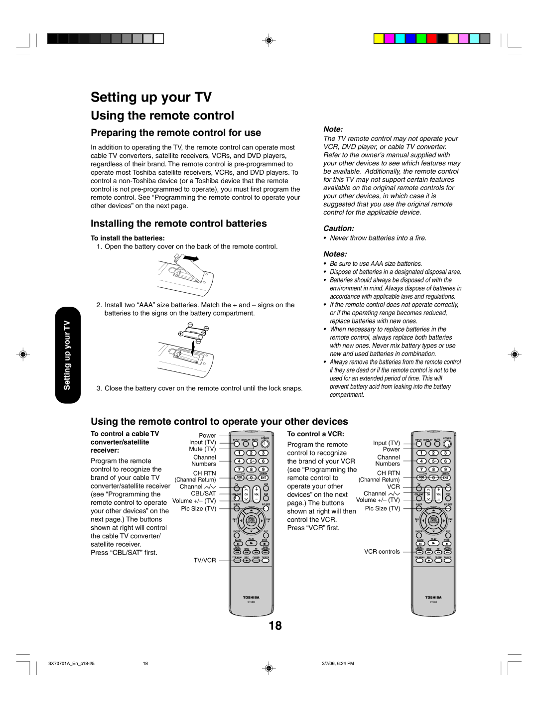 Toshiba 42HP66 Using the remote control, Preparing the remote control for use, Installing the remote control batteries 