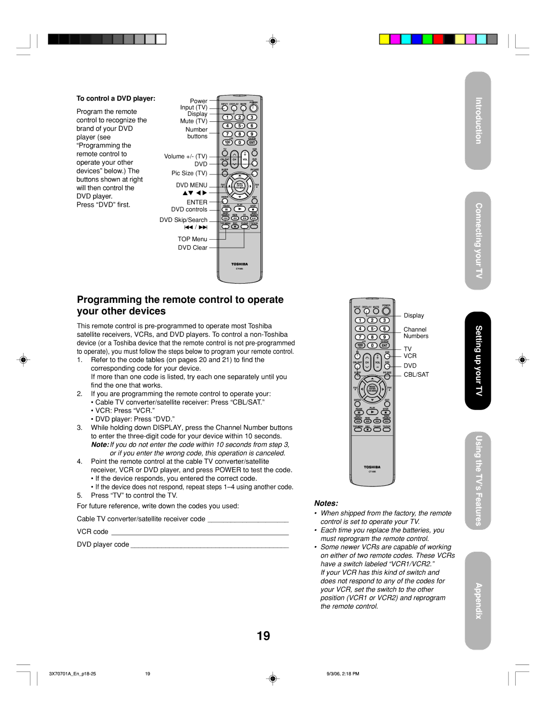 Toshiba 50HP66, 42HP66 appendix Setting up your TV Using the TV’s Features Appendix, To control a DVD player 