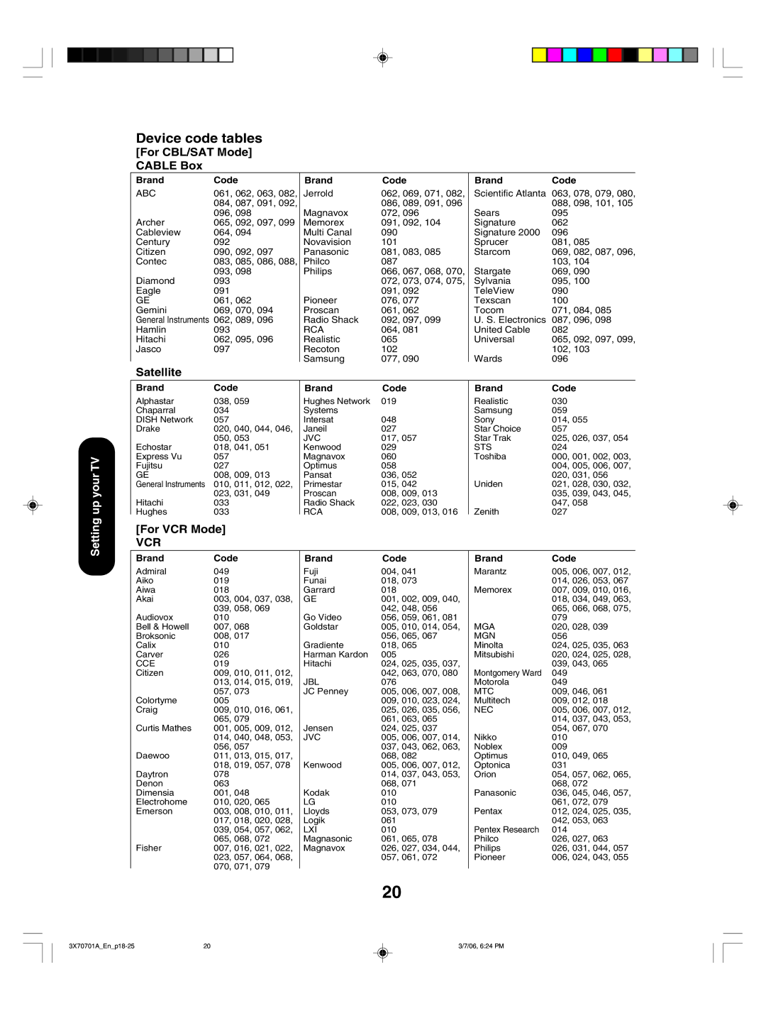 Toshiba 42HP66, 50HP66 appendix Device code tables For CBL/SAT Mode Cable Box, Up your TV 