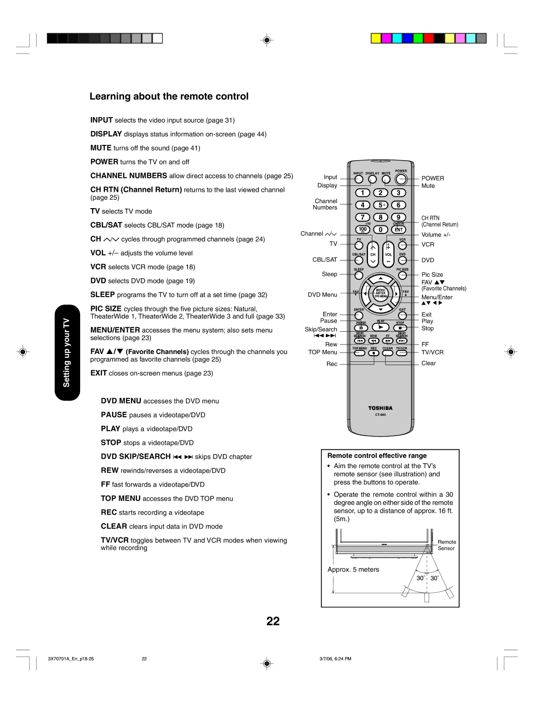 Toshiba 42HP66, 50HP66 appendix Learning about the remote control, Remote control effective range 