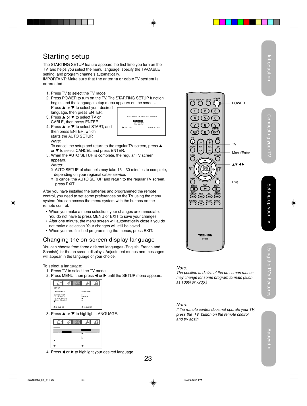 Toshiba 50HP66, 42HP66 appendix Starting setup, Changing the on-screen display language, To select a language 