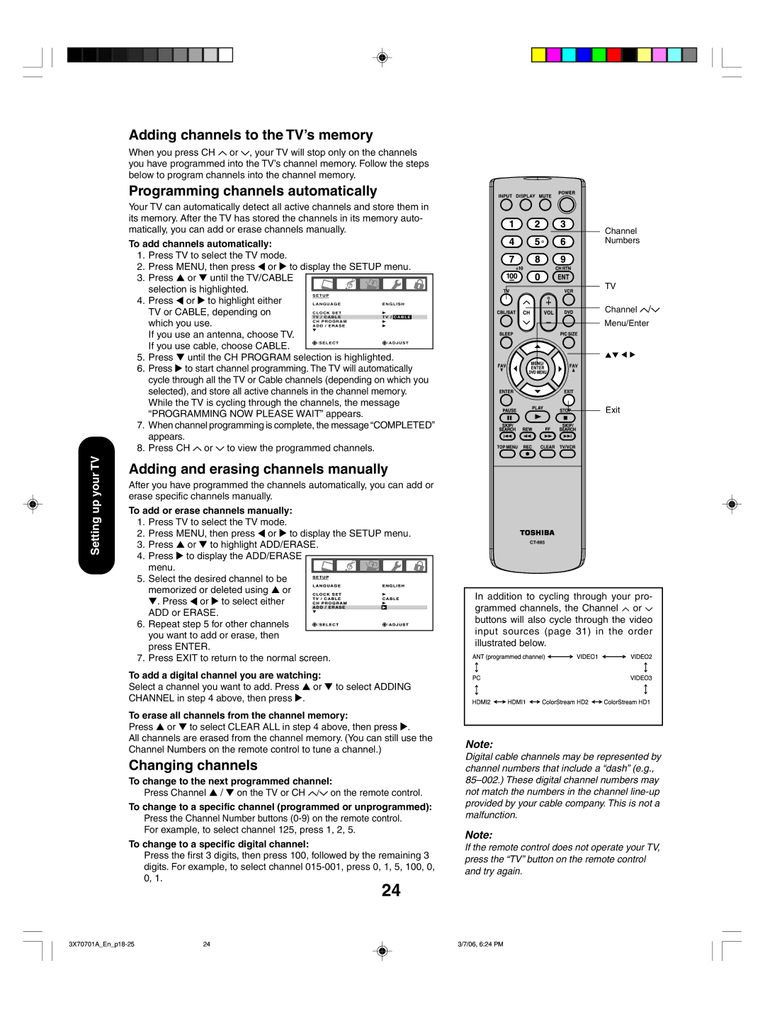 Toshiba 42HP66, 50HP66 appendix Adding channels to the TV’s memory, Programming channels automatically, Changing channels 