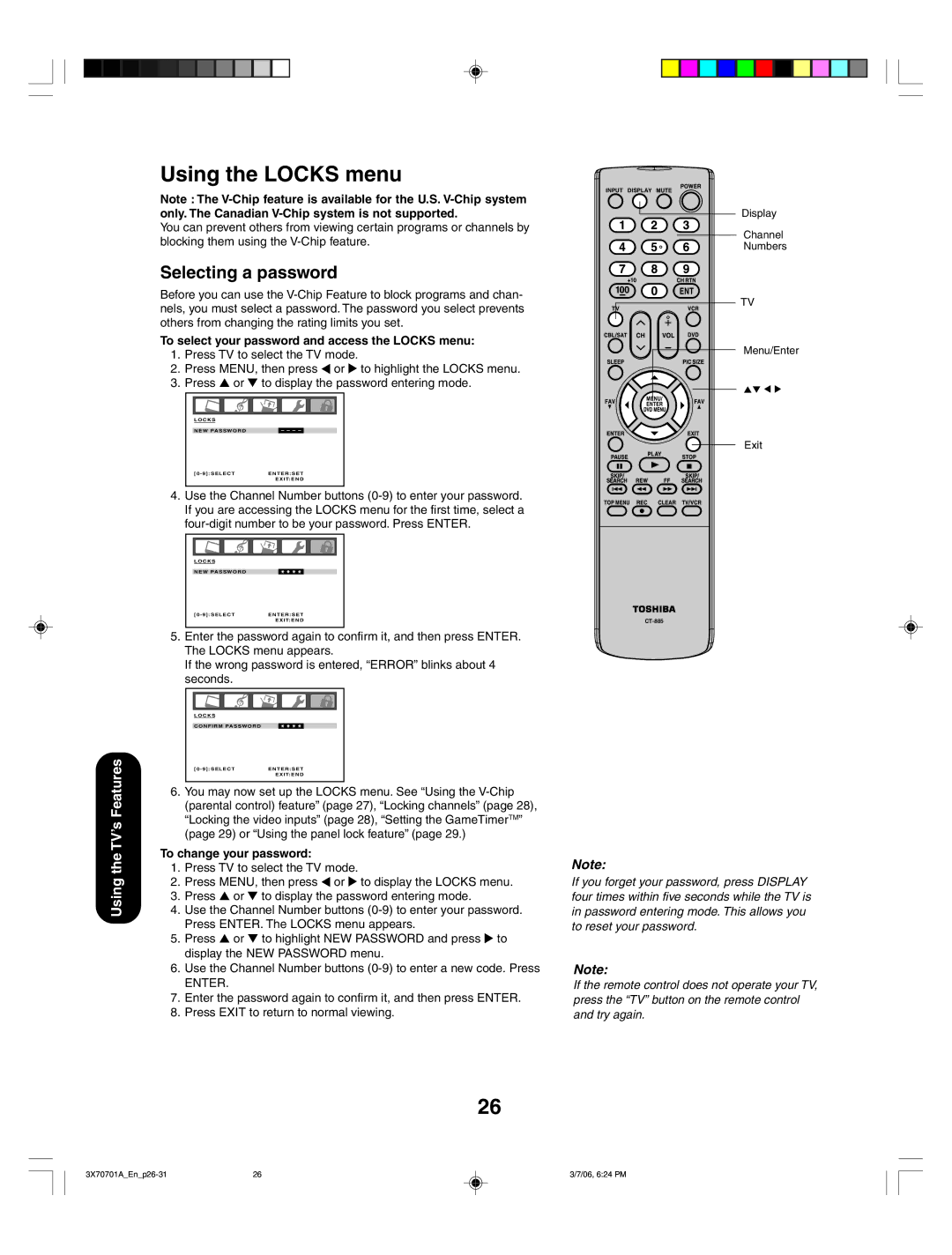 Toshiba 42HP66, 50HP66 Using the Locks menu, Selecting a password, To select your password and access the Locks menu 