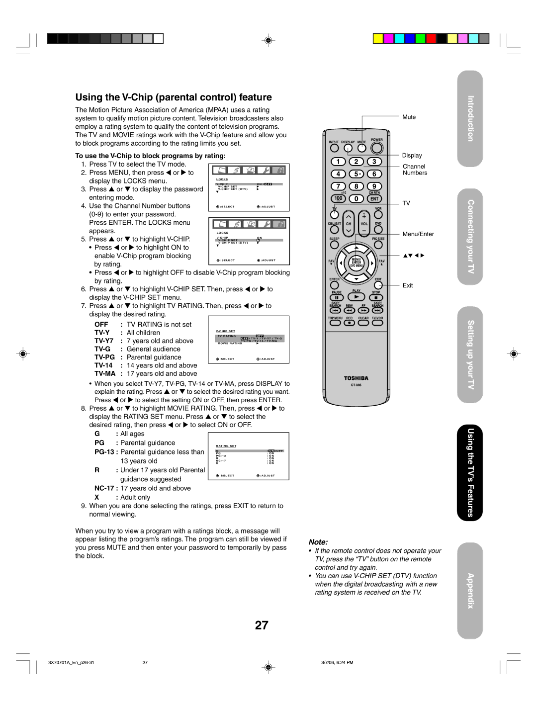 Toshiba 50HP66, 42HP66 appendix Using the V-Chip parental control feature 