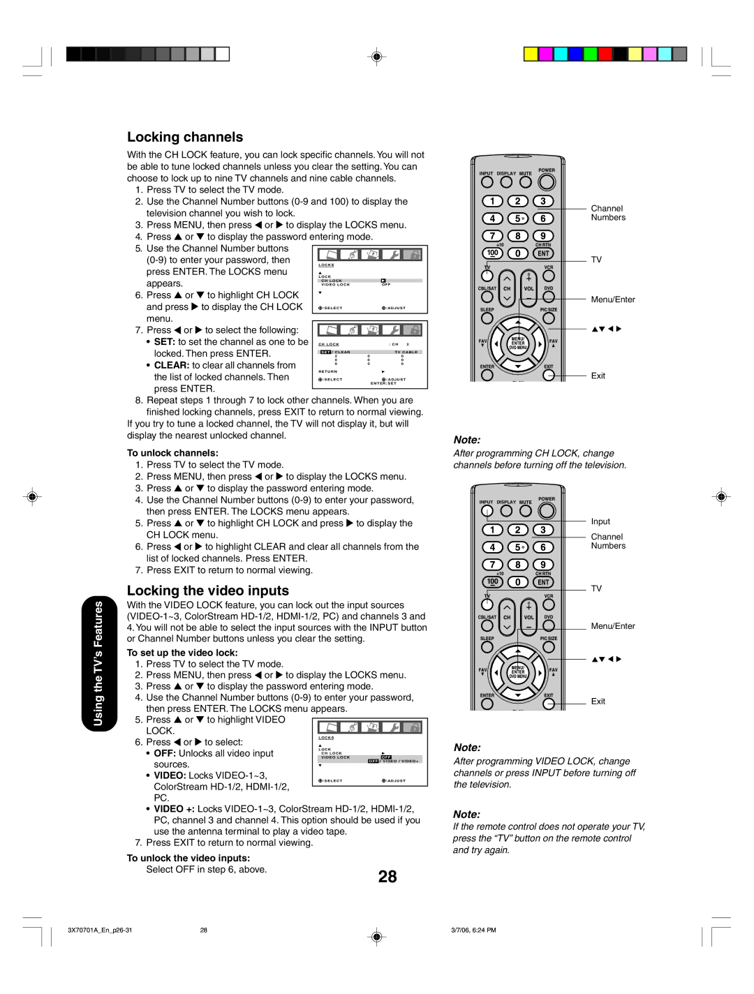 Toshiba 42HP66, 50HP66 appendix Locking channels, Locking the video inputs 