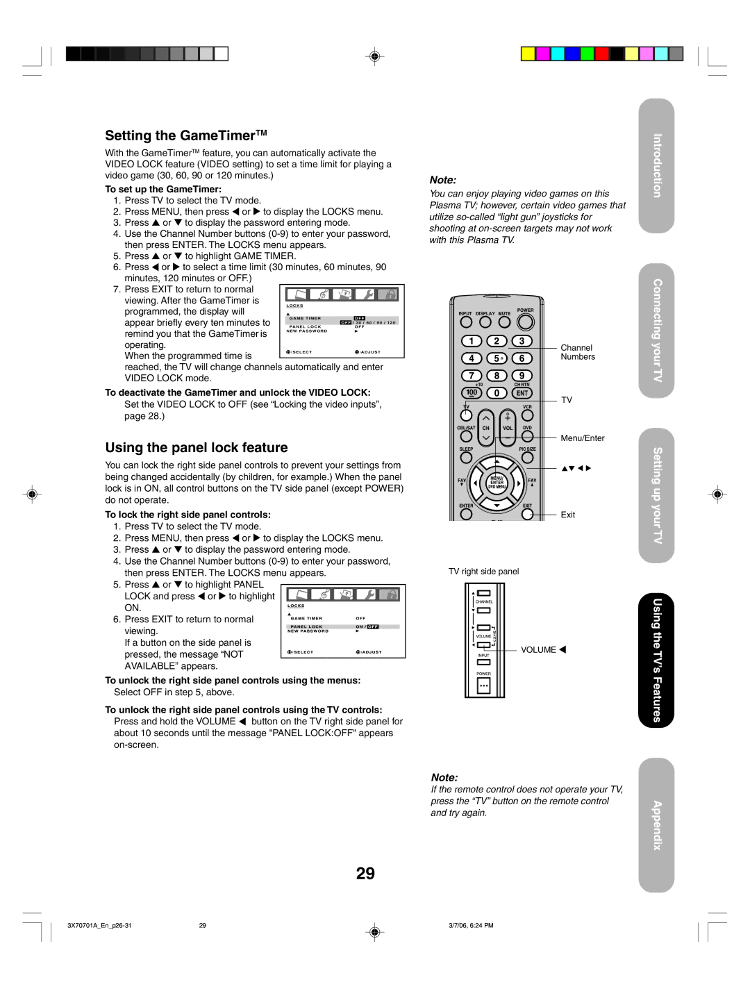 Toshiba 50HP66, 42HP66 appendix Setting the GameTimerTM, Using the panel lock feature 