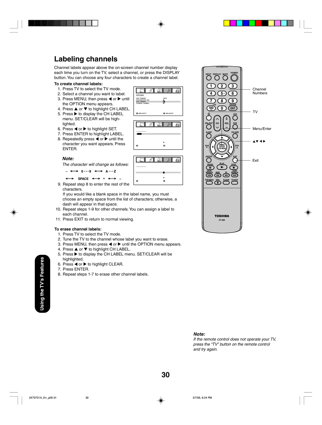 Toshiba 42HP66, 50HP66 appendix Labeling channels, To create channel labels, To erase channel labels 