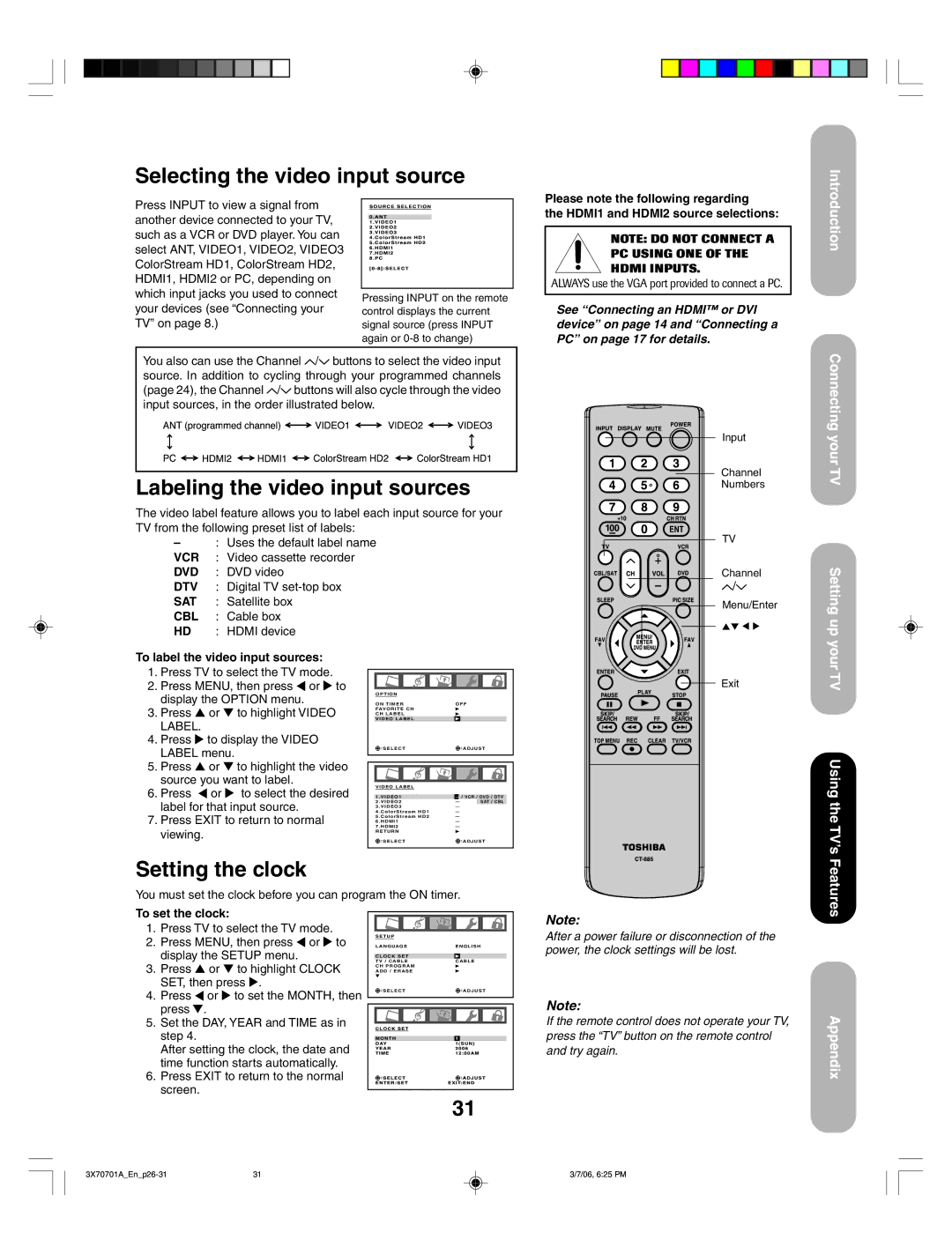 Toshiba 50HP66, 42HP66 appendix Selecting the video input source, Labeling the video input sources, Setting the clock 