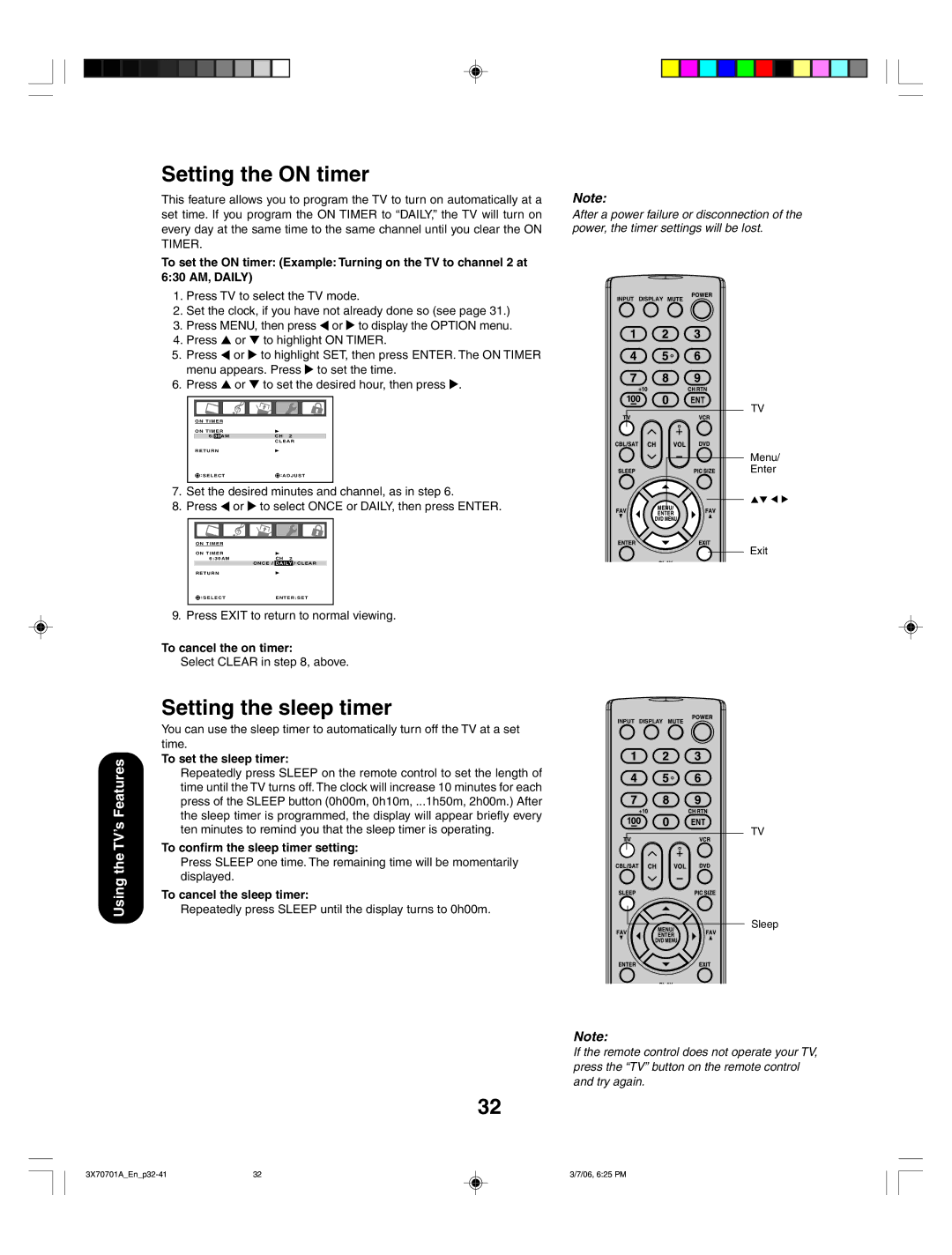 Toshiba 42HP66, 50HP66 appendix Setting the on timer, Setting the sleep timer, TV’s Features 