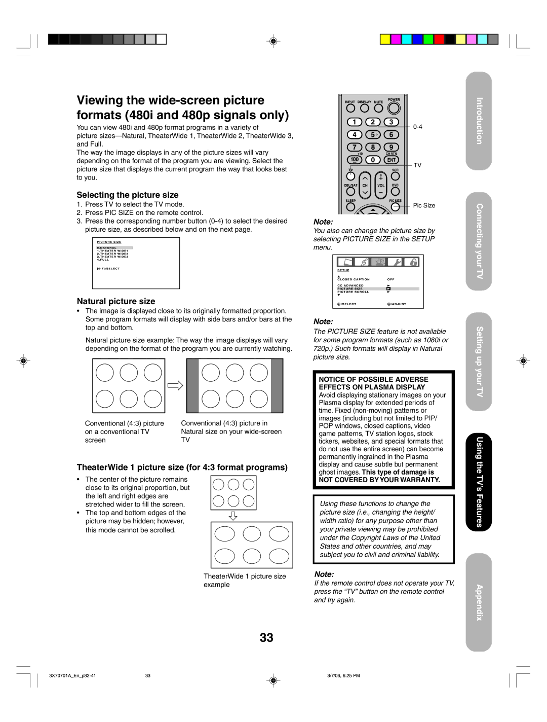 Toshiba 50HP66, 42HP66 appendix Selecting the picture size 