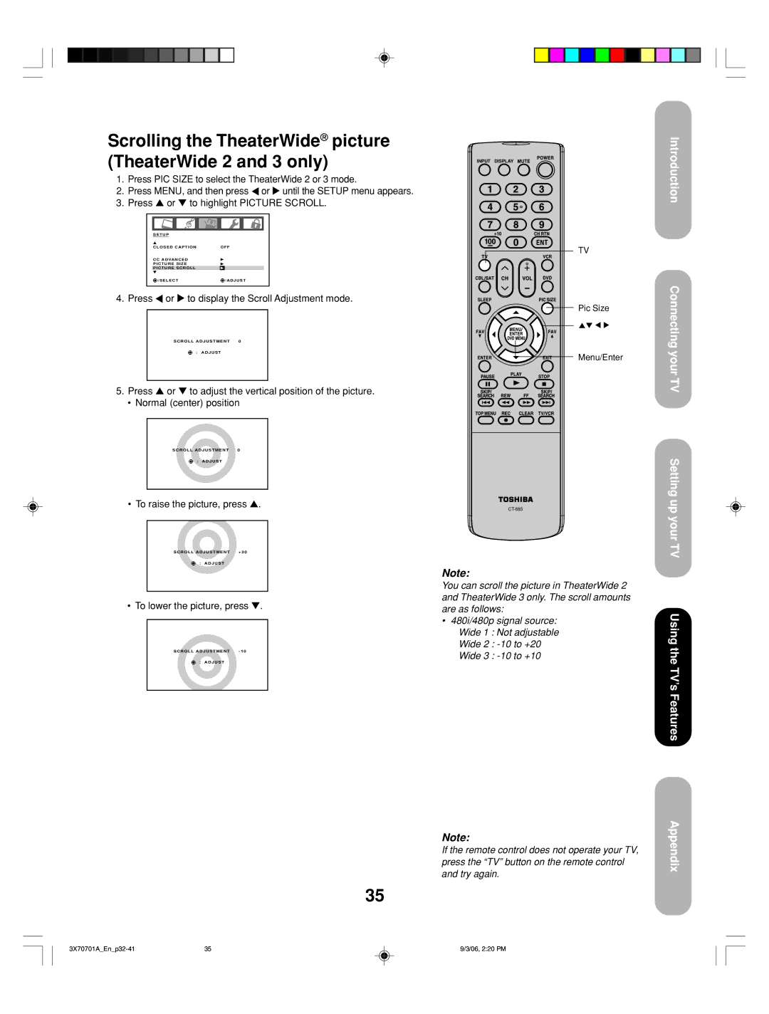 Toshiba 50HP66, 42HP66 appendix Scrolling the TheaterWide picture TheaterWide 2 and 3 only, Introduction Connecting your TV 