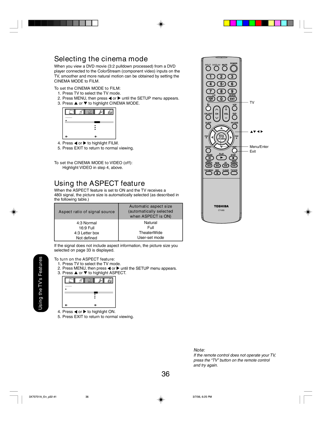 Toshiba 42HP66, 50HP66 appendix Selecting the cinema mode, Using the Aspect feature, To set the Cinema Mode to Video off 