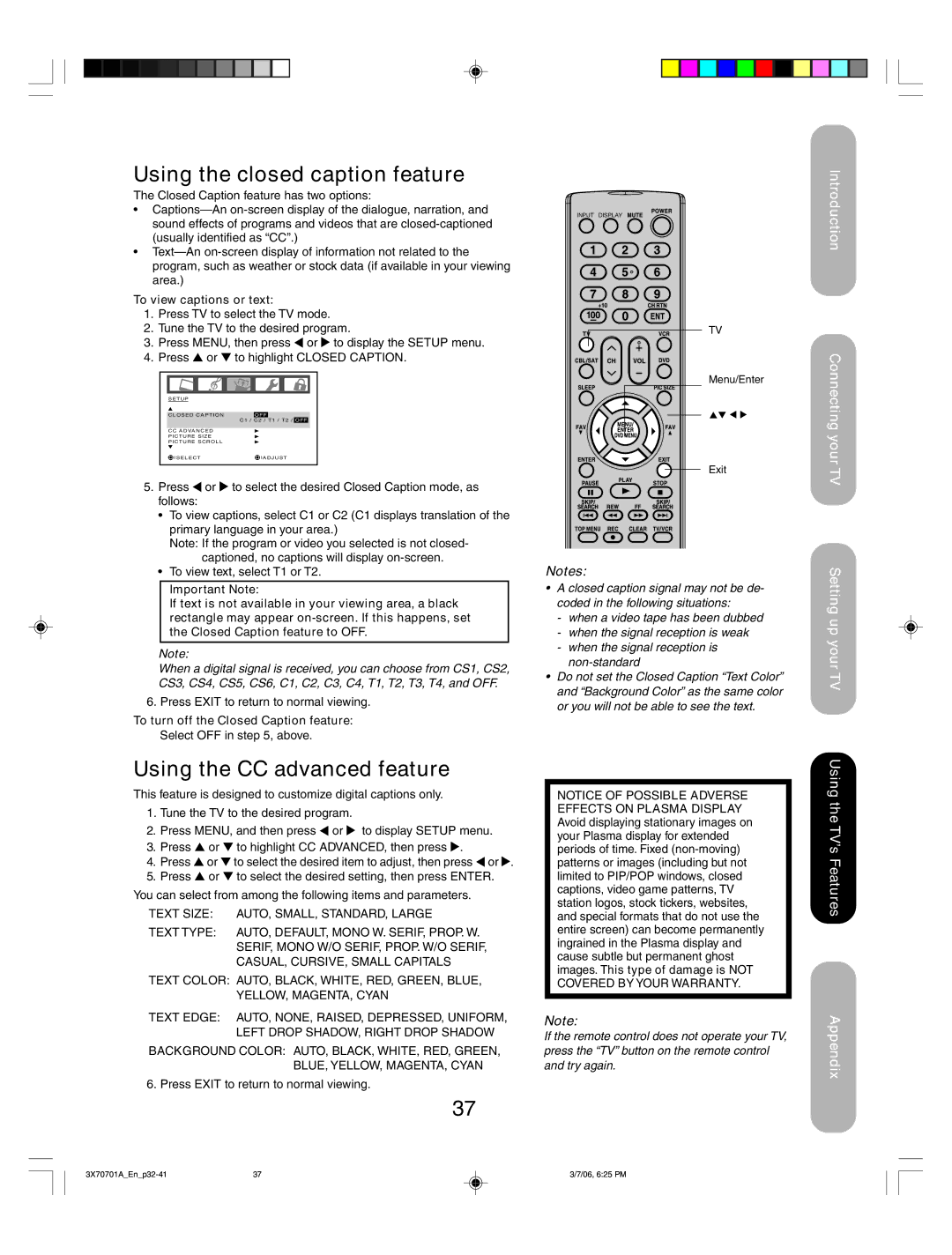 Toshiba 50HP66, 42HP66 Using the closed caption feature, Using the CC advanced feature, Using the TV’s Features Appendix 