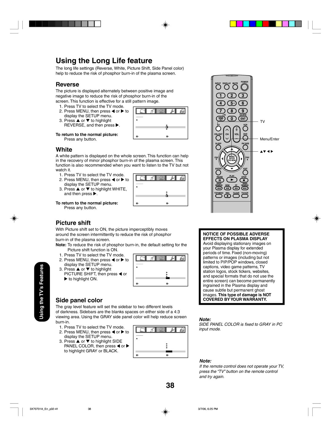 Toshiba 42HP66, 50HP66 appendix Using the Long Life feature, Reverse, White, Picture shift, Side panel color 