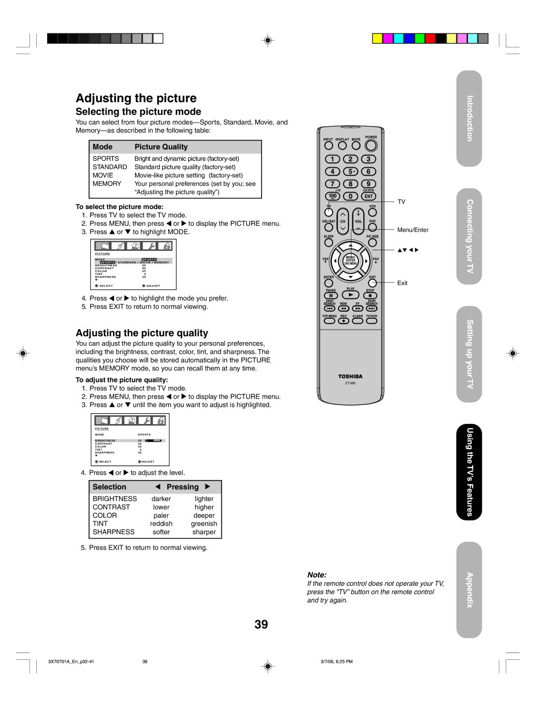 Toshiba 50HP66, 42HP66 appendix Selecting the picture mode, Adjusting the picture quality 