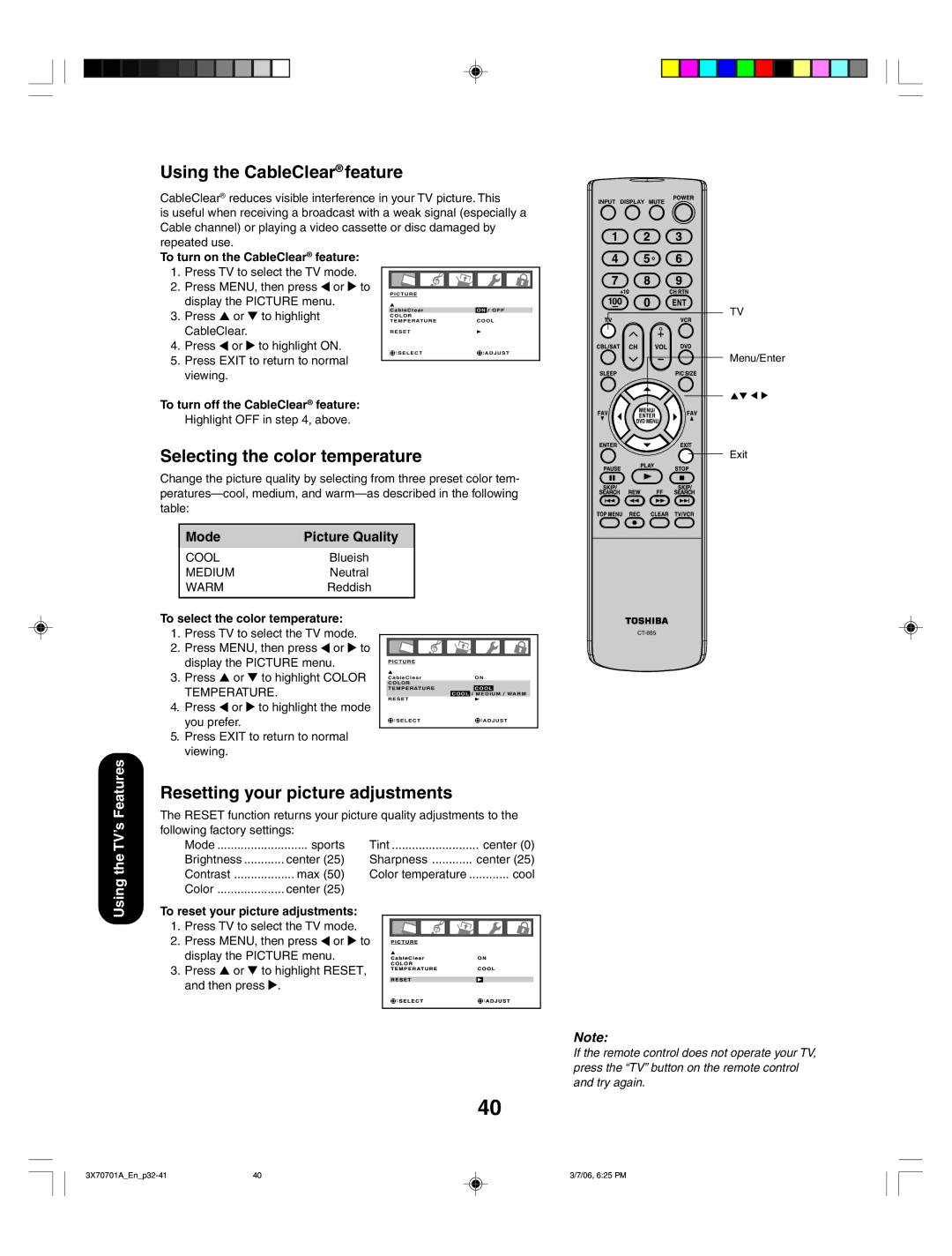 Toshiba 42HP66 Using the CableClear feature, Selecting the color temperature, Resetting your picture adjustments, TV’s 