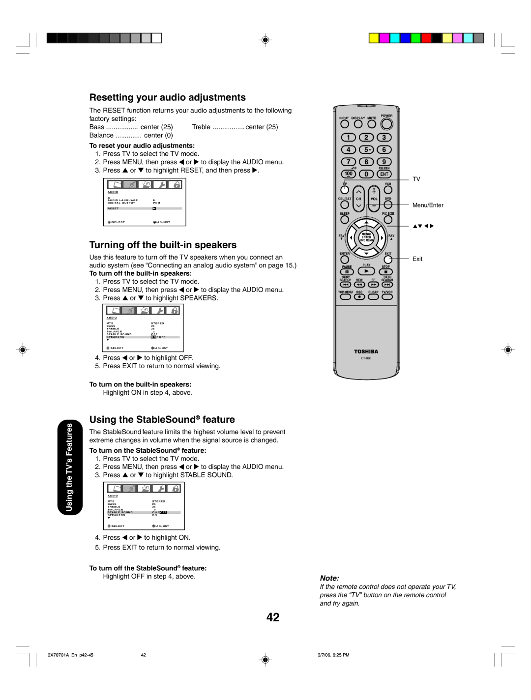 Toshiba 42HP66, 50HP66 Resetting your audio adjustments, Turning off the built-in speakers, Using the StableSound feature 