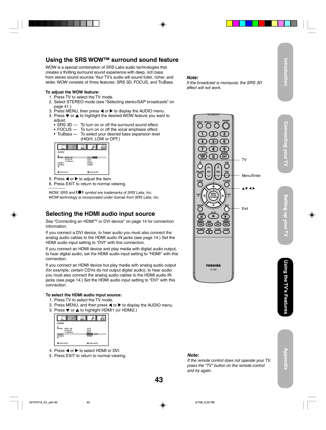 Toshiba 50HP66 Using the SRS WOW surround sound feature, Selecting the Hdmi audio input source, To adjust the WOW feature 