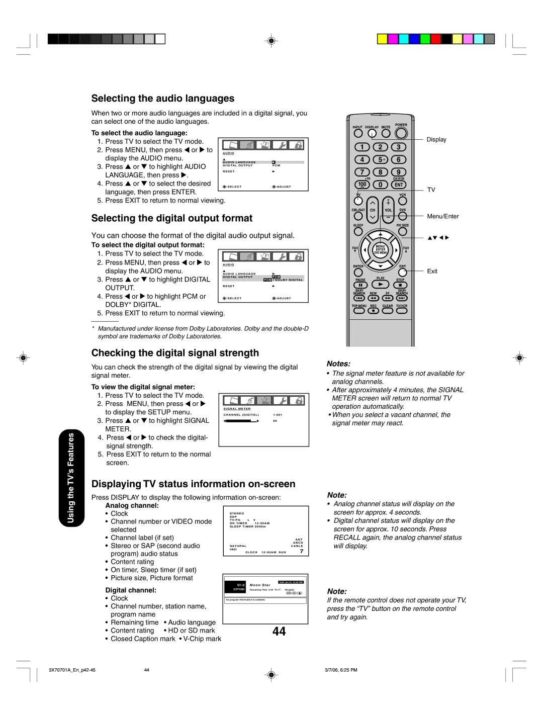 Toshiba 42HP66 Selecting the audio languages, Selecting the digital output format, Checking the digital signal strength 