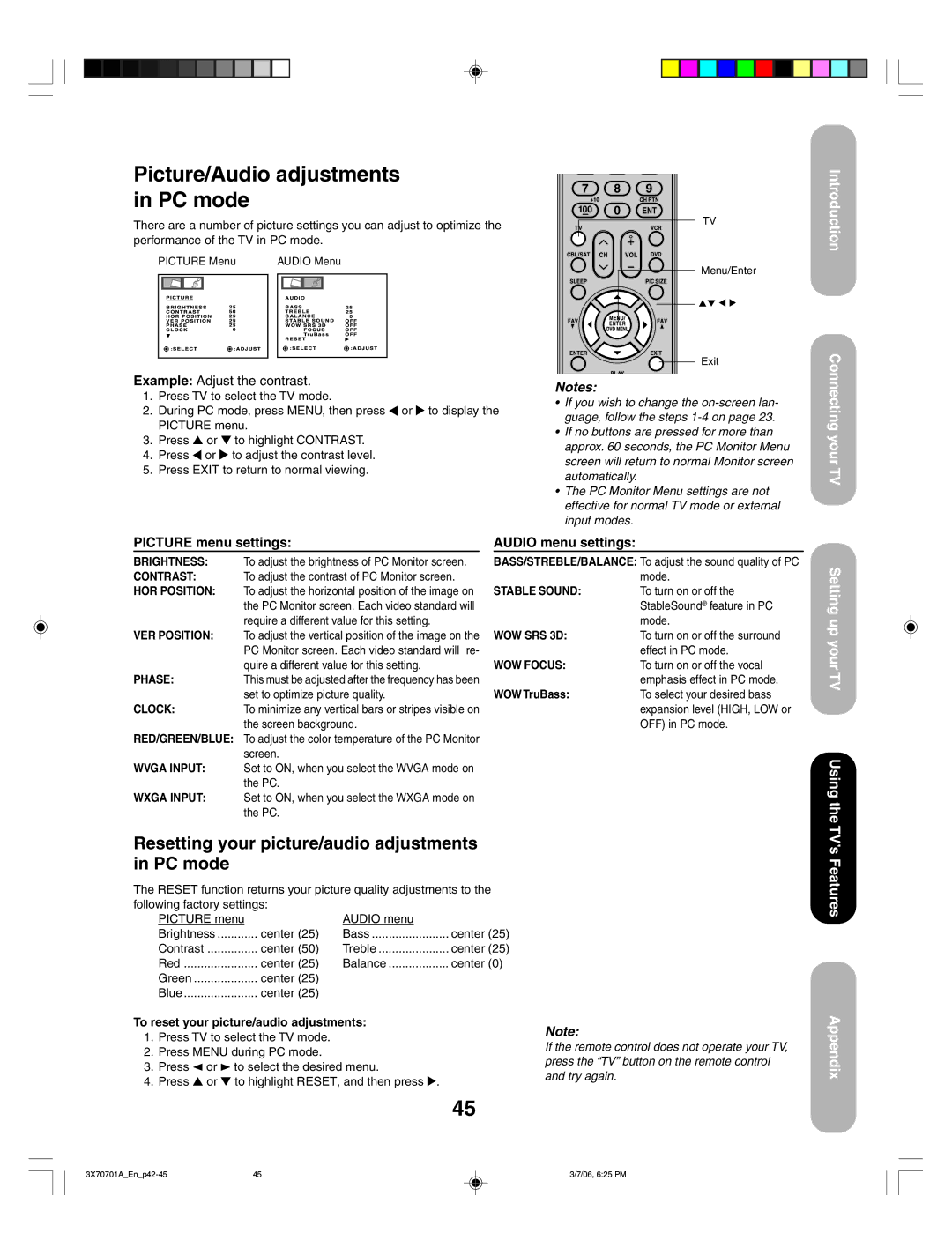 Toshiba 50HP66, 42HP66 appendix Picture/Audio adjustments in PC mode, Resetting your picture/audio adjustments in PC mode 