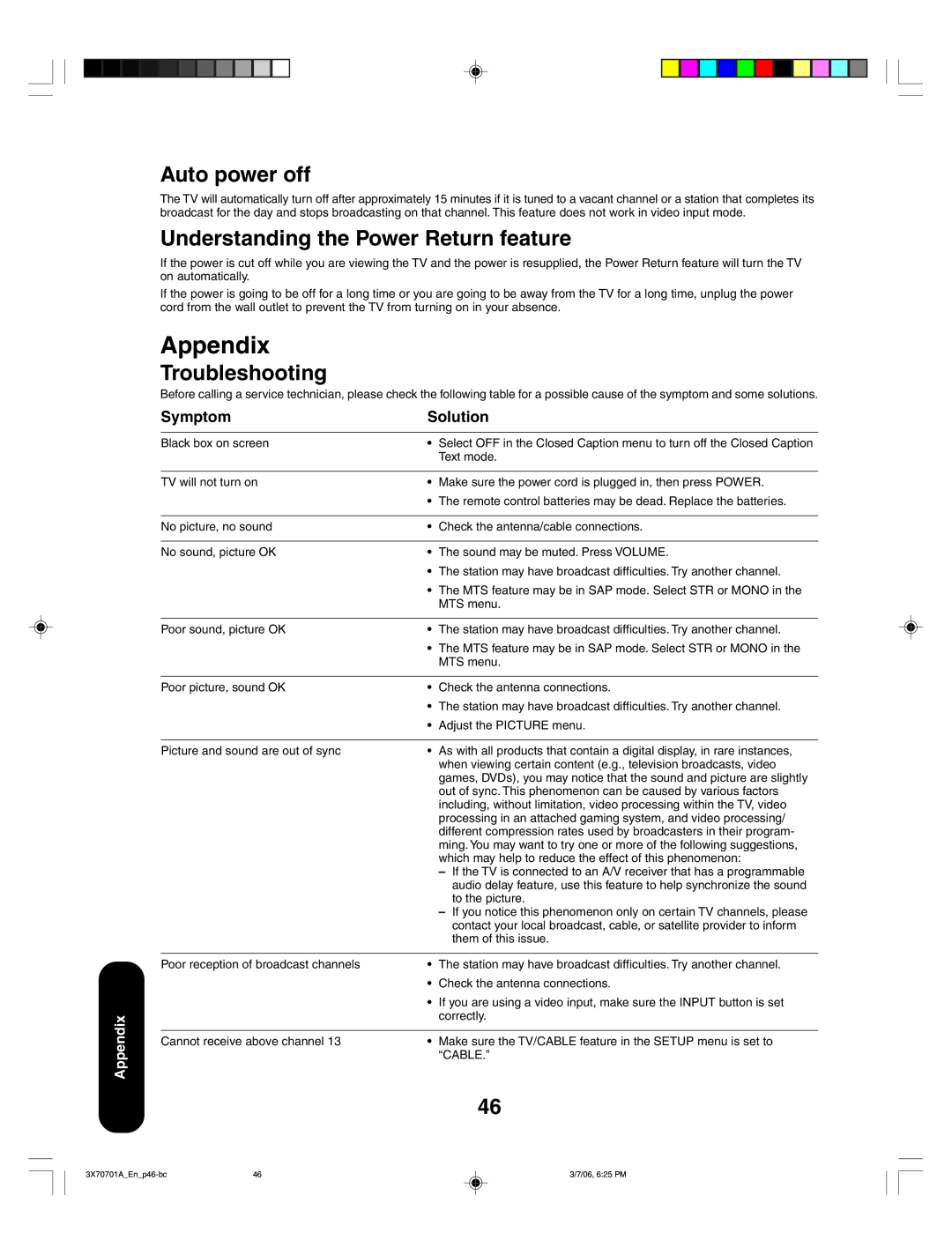 Toshiba 42HP66, 50HP66 appendix Auto power off, Understanding the Power Return feature, Troubleshooting 