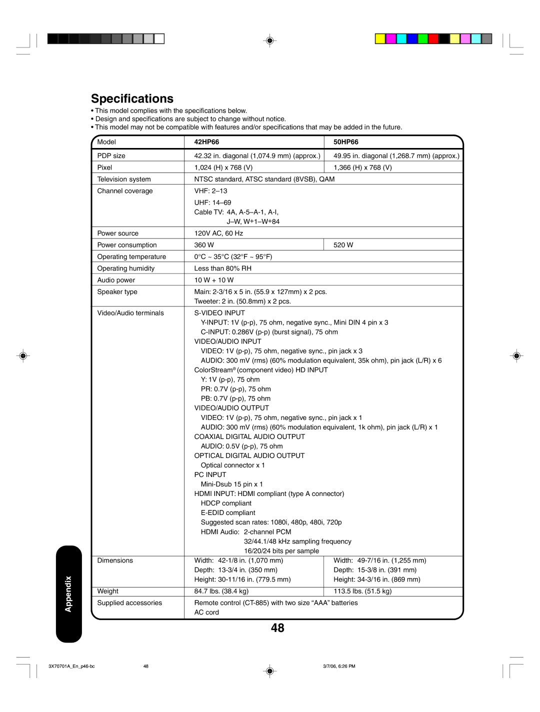 Toshiba appendix Specifications, 42HP66 50HP66 