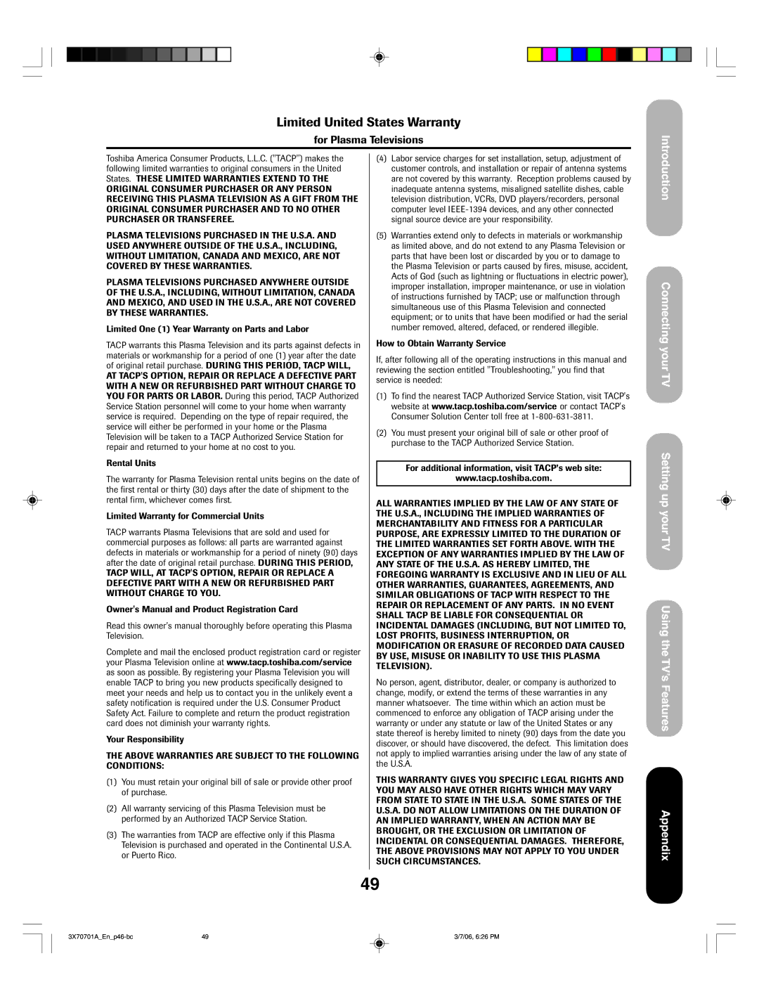 Toshiba 50HP66, 42HP66 appendix Limited United States Warranty 
