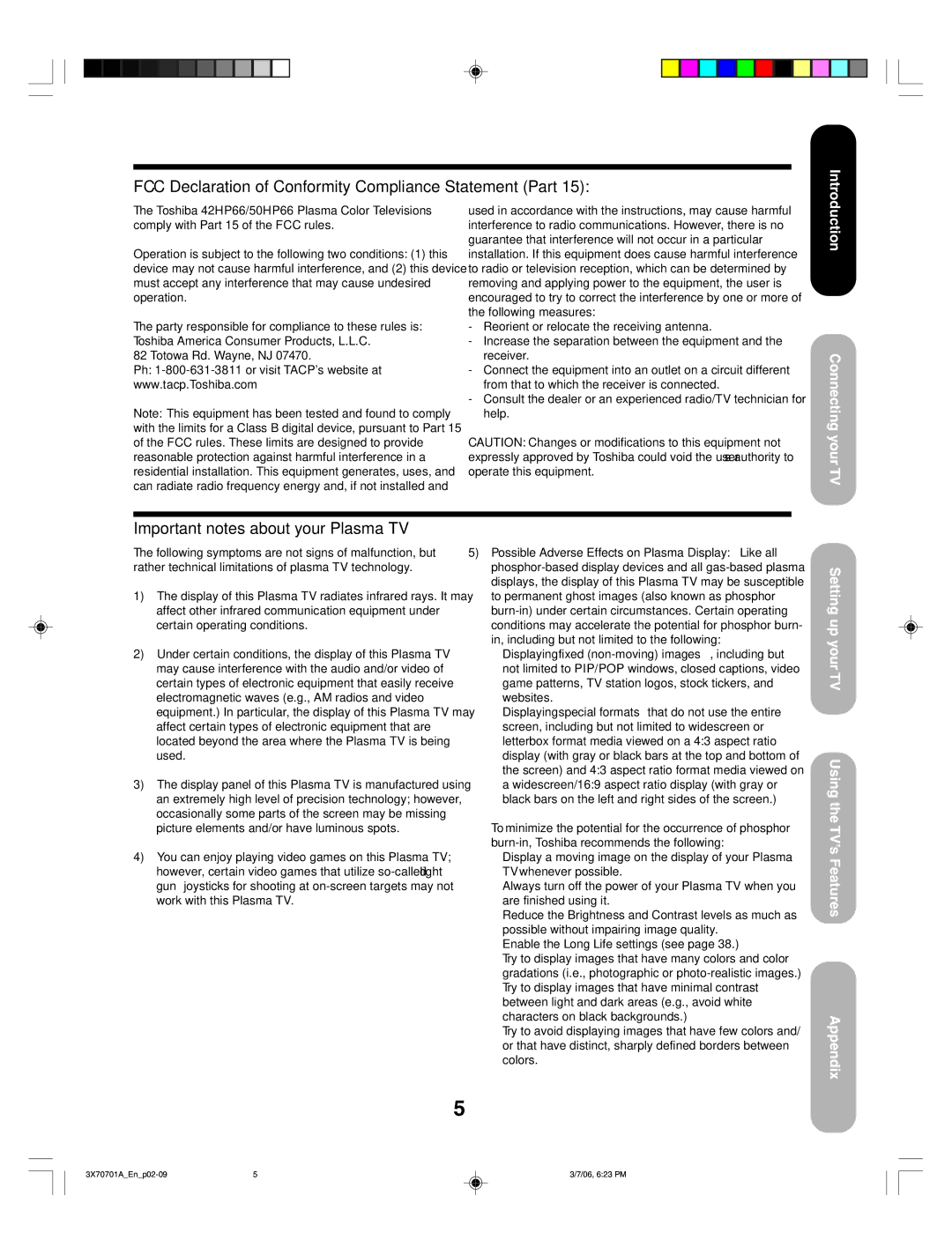 Toshiba 50HP66, 42HP66 appendix FCC Declaration of Conformity Compliance Statement Part 