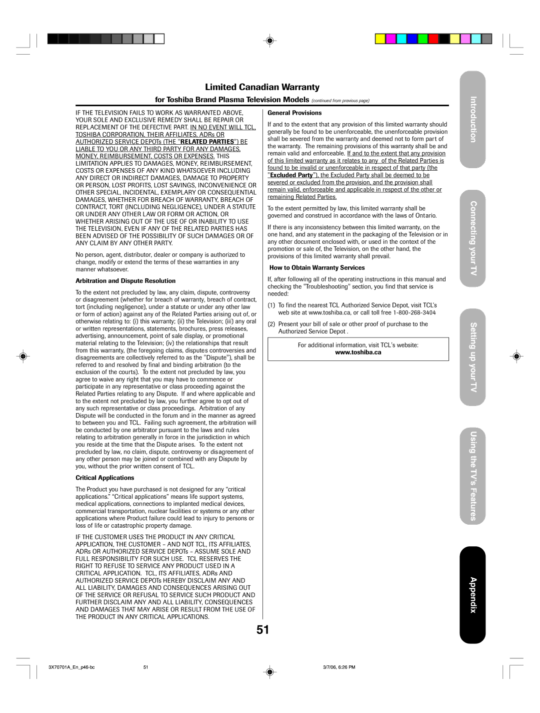 Toshiba 50HP66, 42HP66 appendix For Toshiba Brand Plasma Television Models from previous 