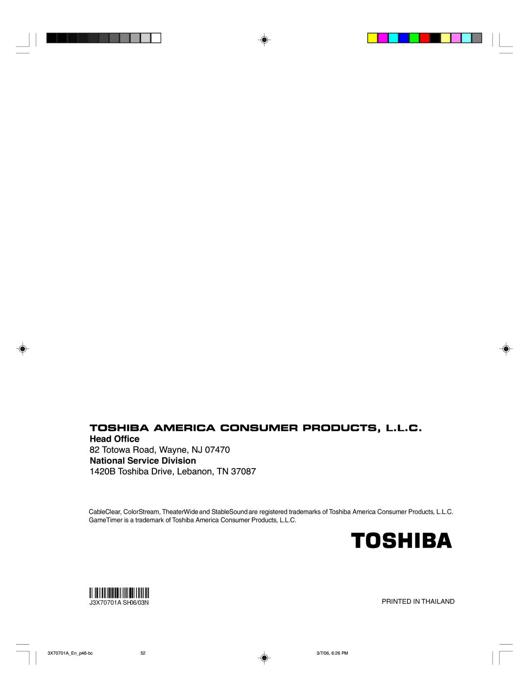 Toshiba 42HP66, 50HP66 appendix National Service Division 