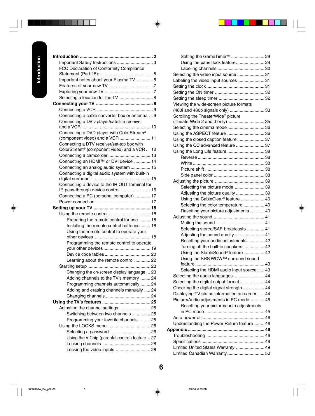 Toshiba 42HP66, 50HP66 appendix Introduction, Connecting your TV, Setting up your TV, Using the TV’s features, Appendix 