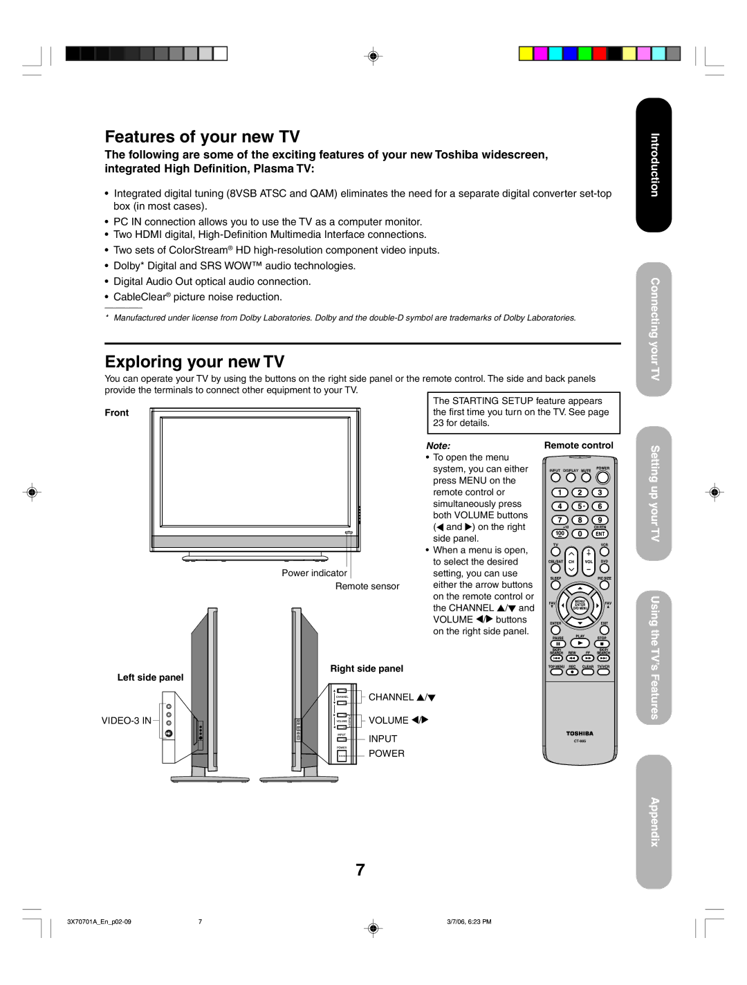 Toshiba 50HP66 Features of your new TV, Exploring your new TV, Front, Remote control, Left side panel Right side panel 