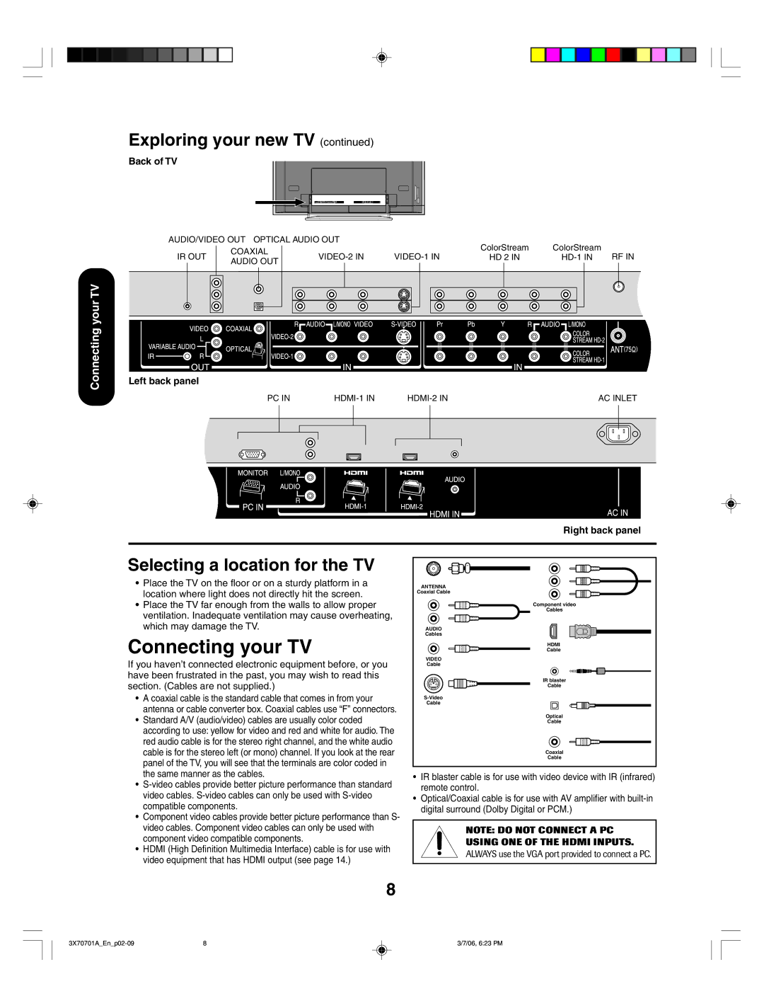 Toshiba 42HP66, 50HP66 appendix Selecting a location for the TV, Back of TV, Left back panel, Right back panel 