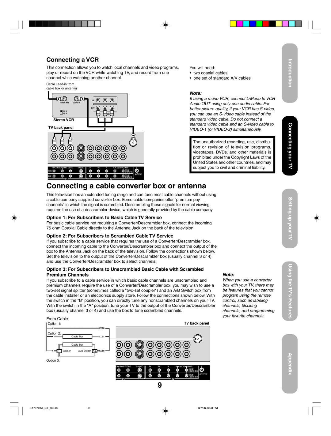 Toshiba 50HP66, 42HP66 Connecting a cable converter box or antenna, Connecting a VCR, Introduction Connecting your TV 