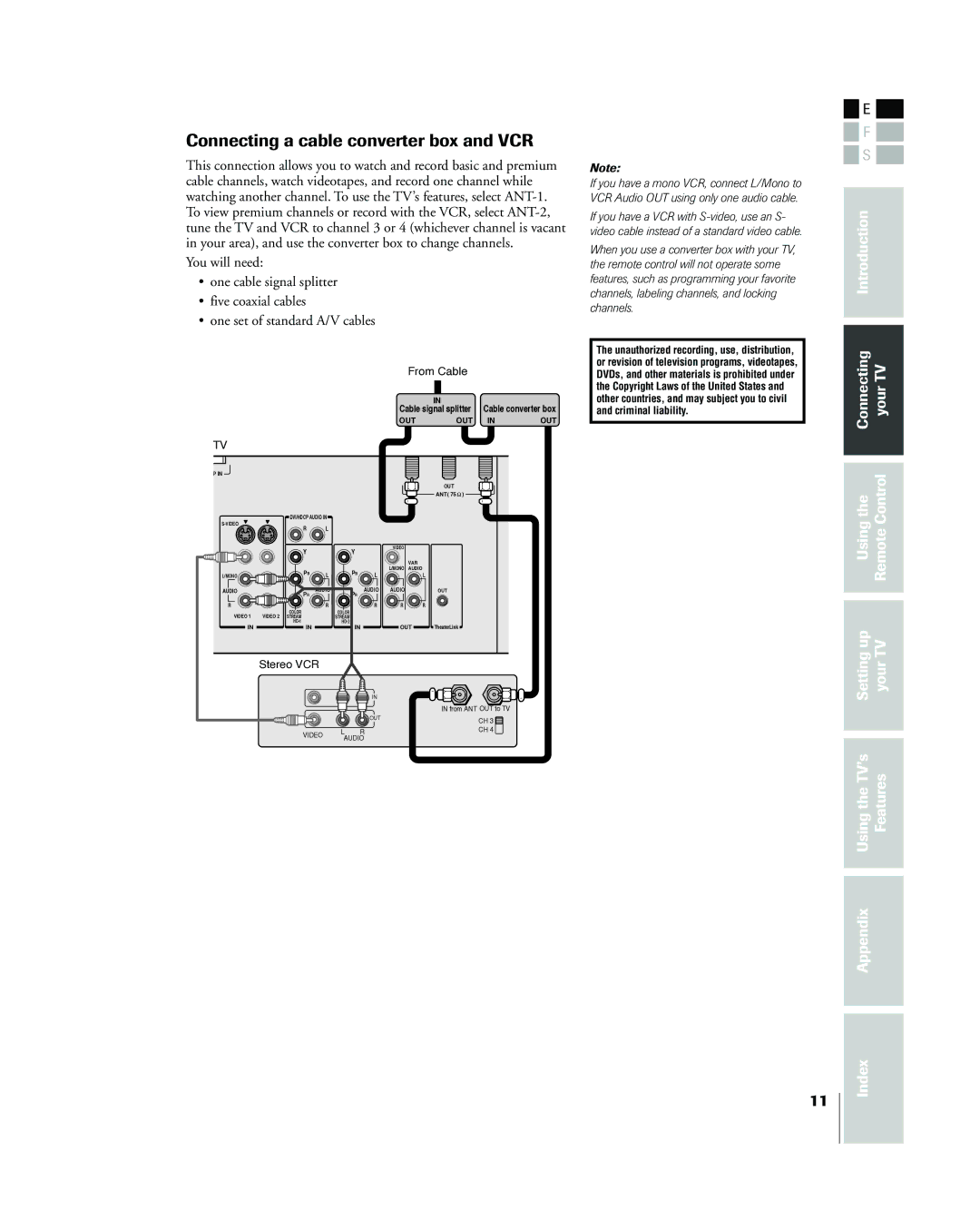 Toshiba 42HP83 owner manual Connecting a cable converter box and VCR, Cable signal splitter Cable converter box 