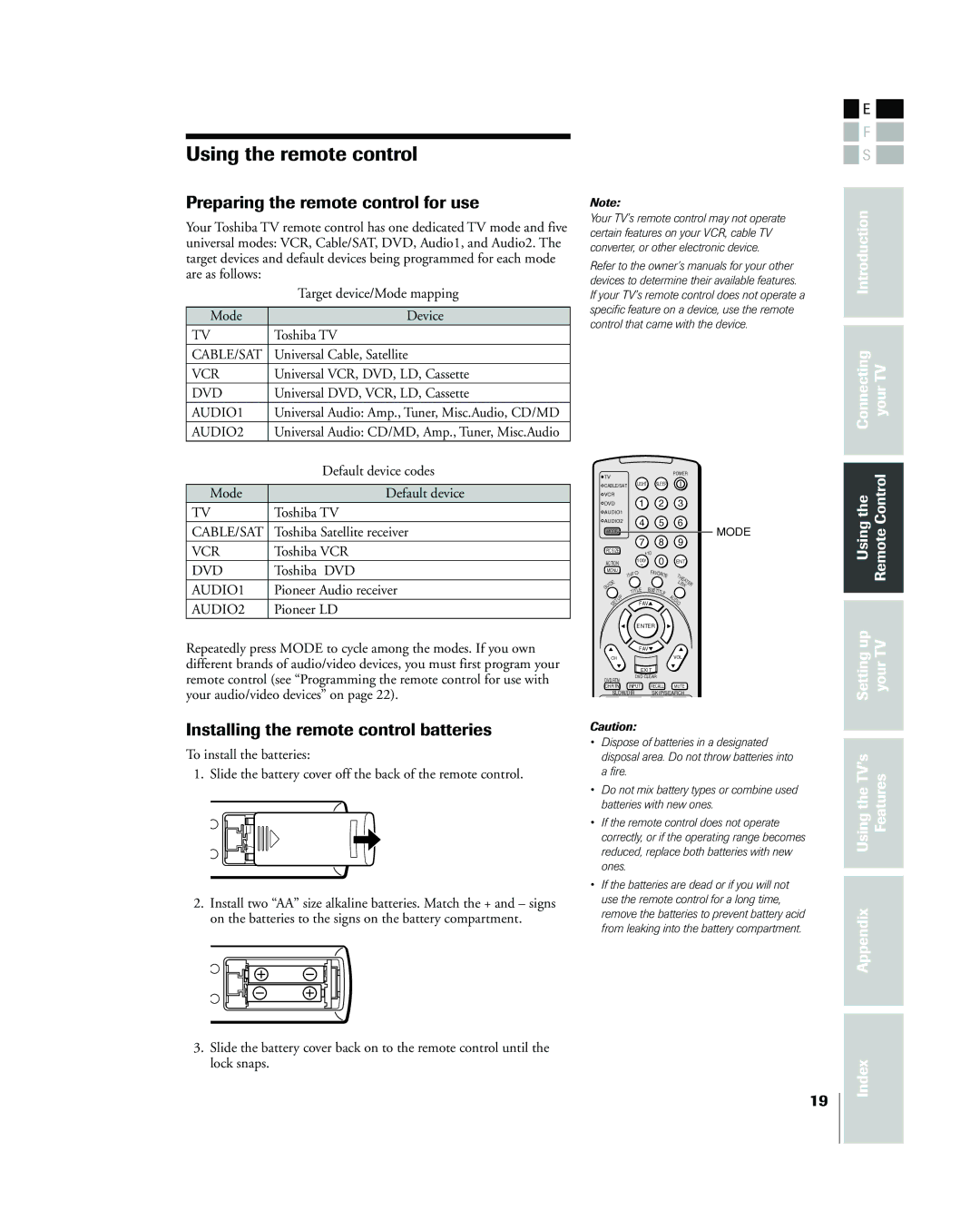 Toshiba 42HP83 owner manual Preparing the remote control for use, Installing the remote control batteries 