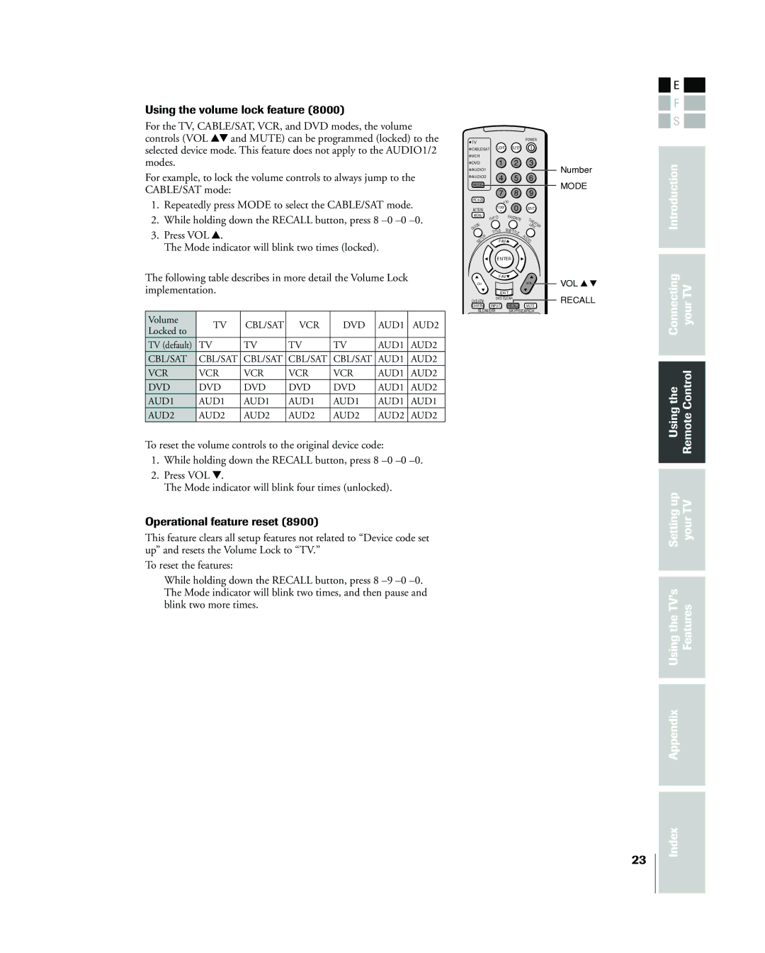 Toshiba 42HP83 owner manual Using the volume lock feature, Operational feature reset 