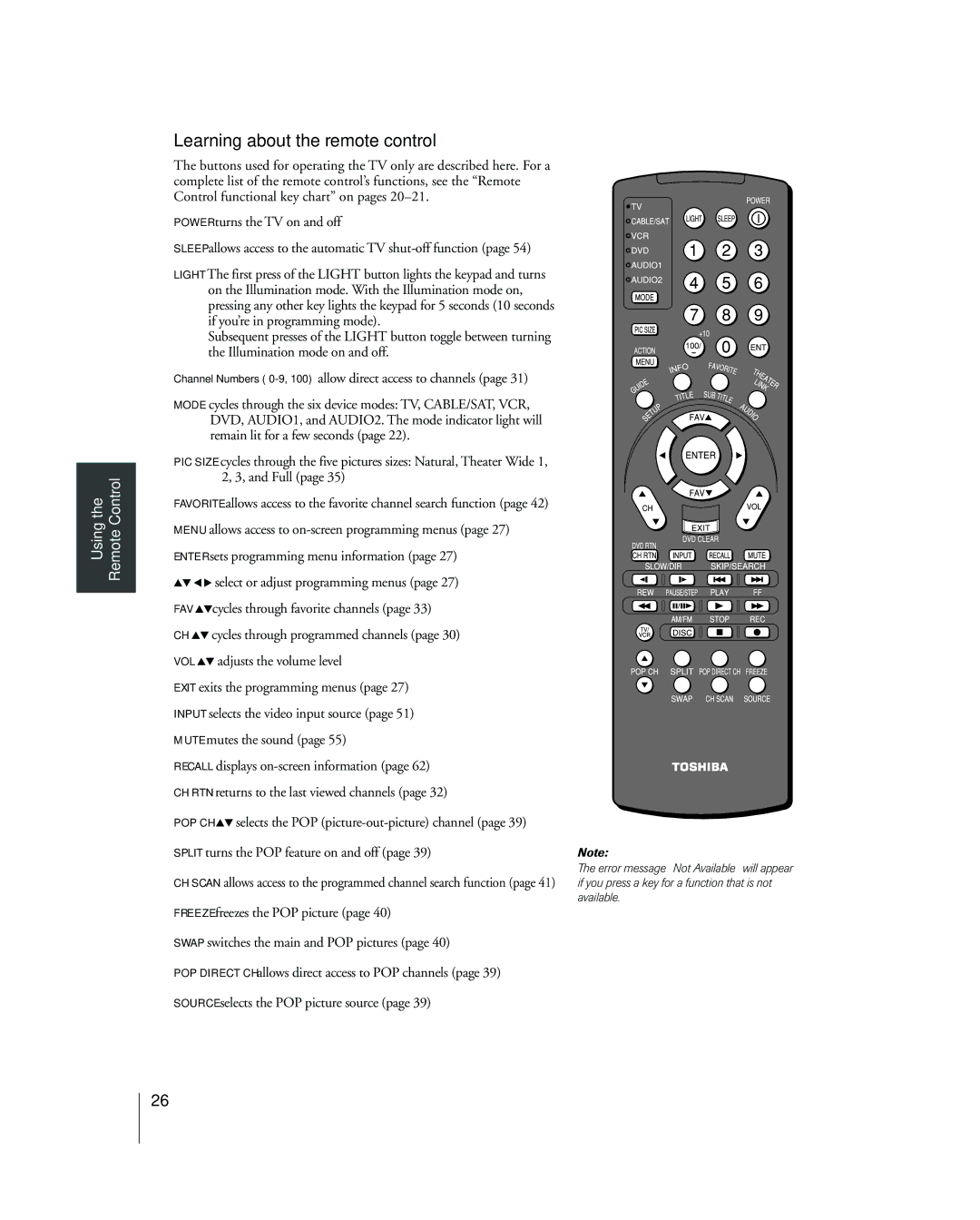 Toshiba 42HP83 owner manual Learning about the remote control 