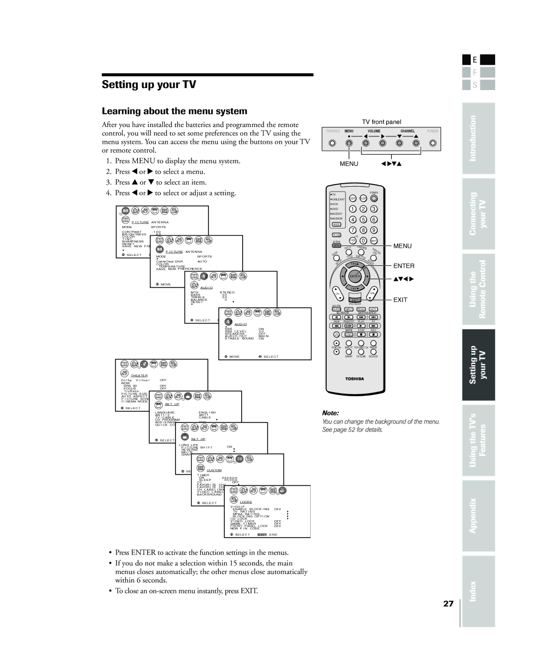 Toshiba 42HP83 owner manual Setting up your TV, Learning about the menu system 