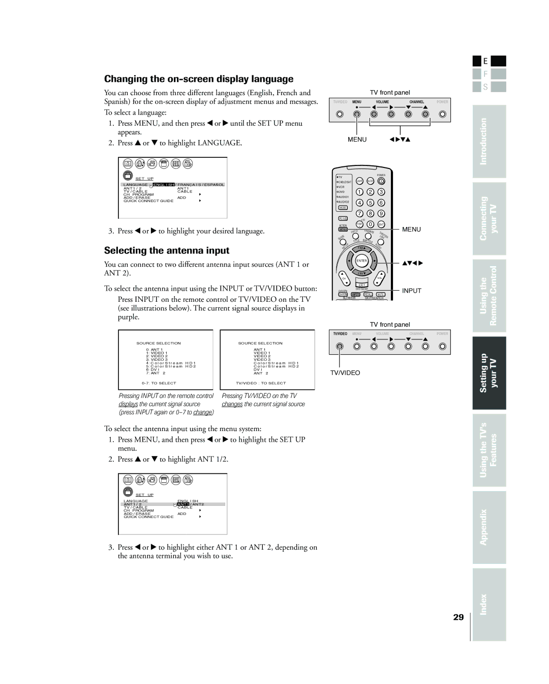 Toshiba 42HP83 owner manual Changing the on-screen display language, Selecting the antenna input 