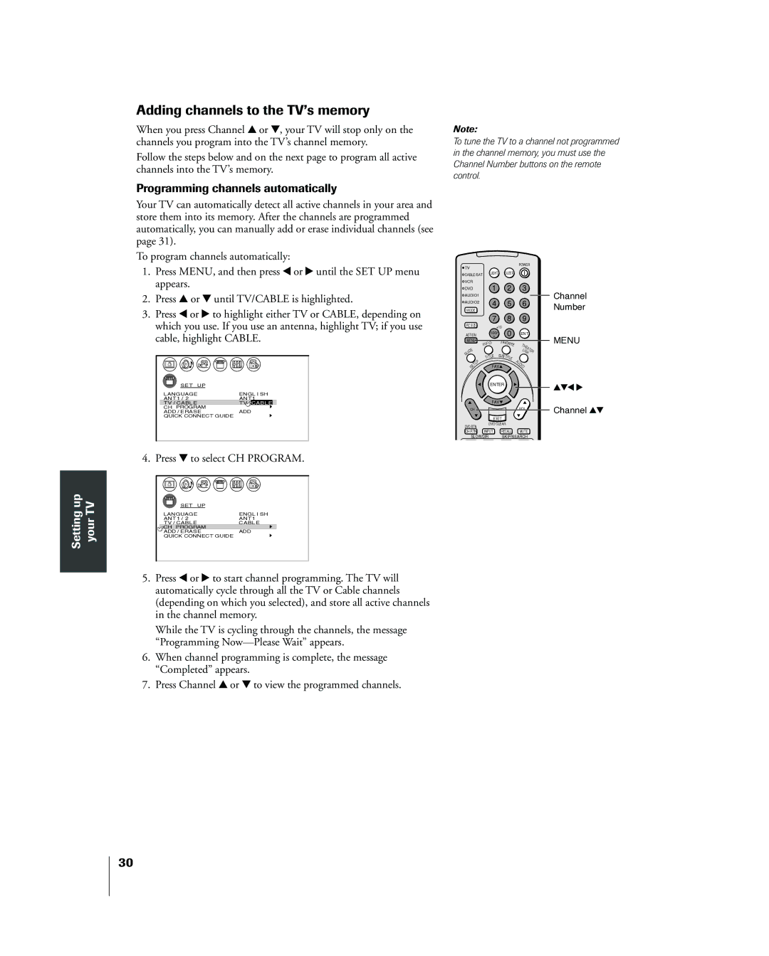 Toshiba 42HP83 owner manual Adding channels to the TVÕs memory, Programming channels automatically, UpSetting TVyour 