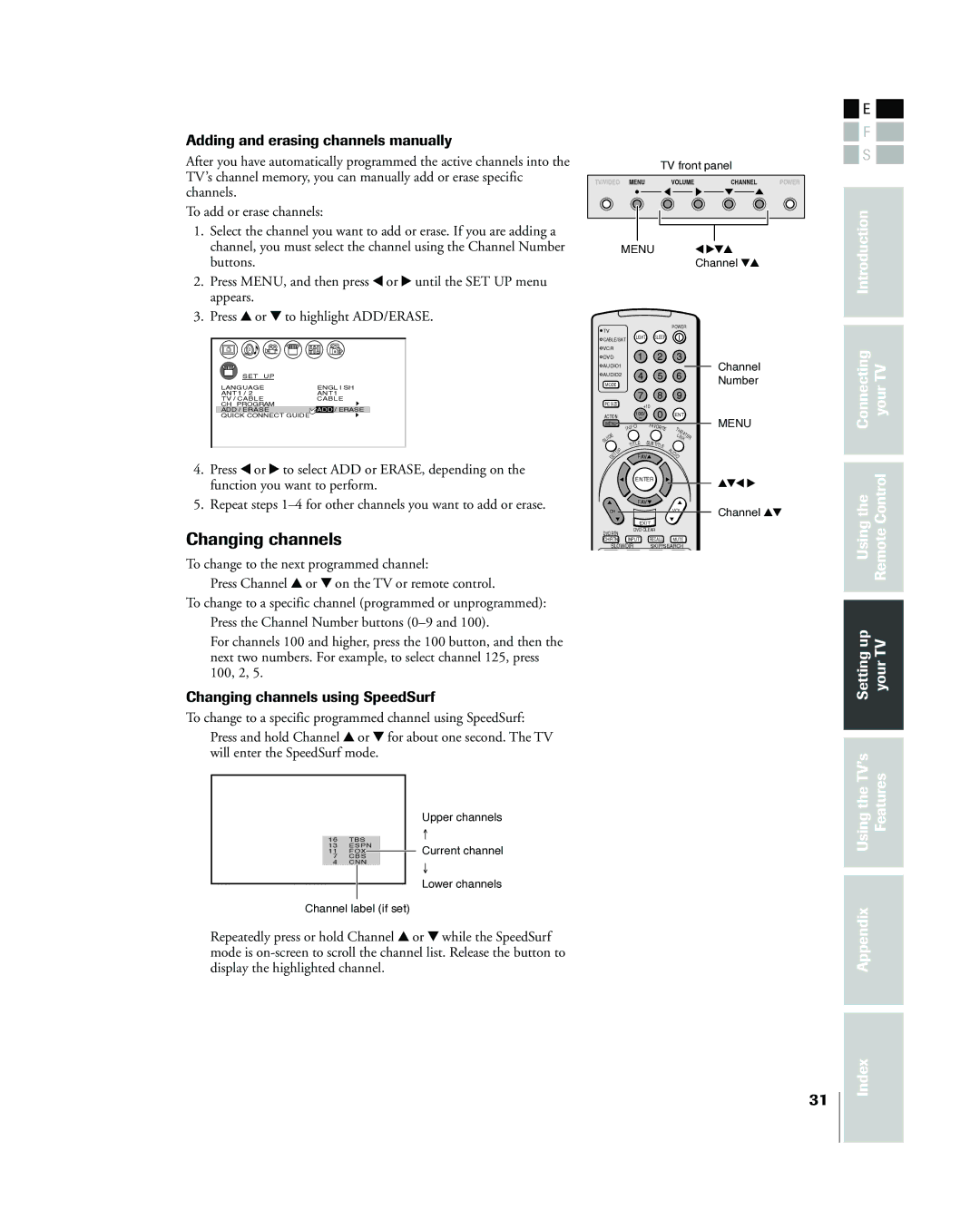 Toshiba 42HP83 owner manual Adding and erasing channels manually, Changing channels using SpeedSurf 