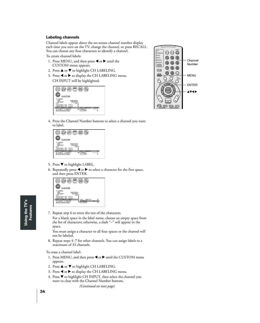 Toshiba 42HP83 owner manual Labeling channels, On next 